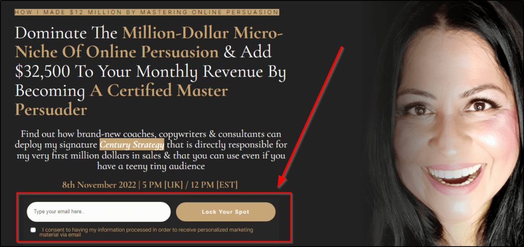 "How I made $12 million by mastering online persuasion" webinar landing page, red arrow pointing to box to input email and "lock your spot"
