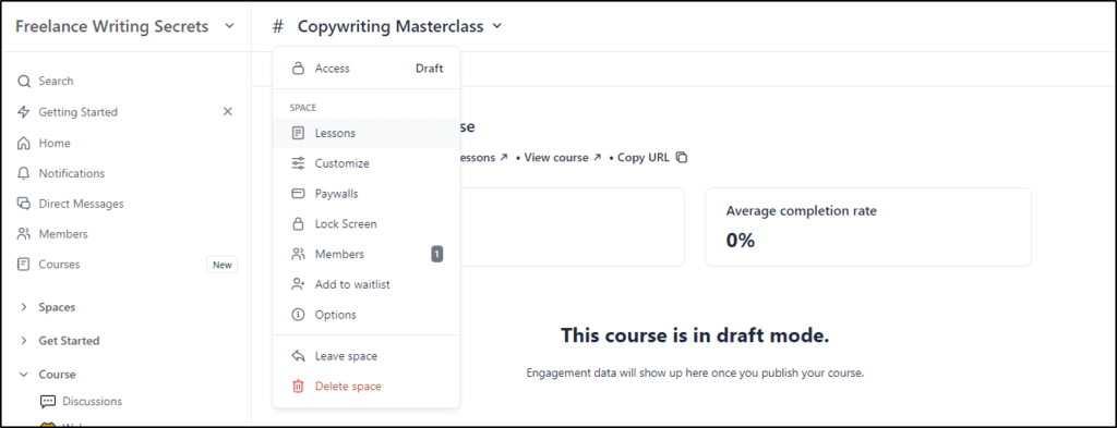 Freelance Writing Secrets menu with "Copywriting Masterclass" course configuration options