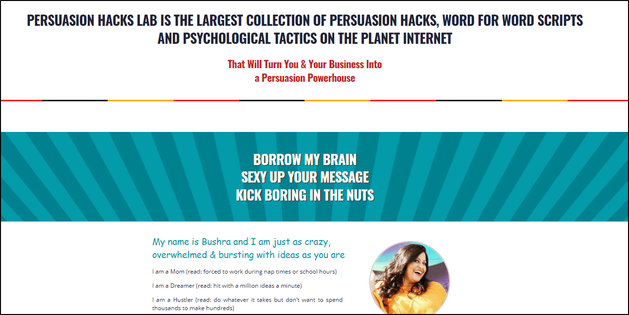Persuasion Hacks Lab home page with a woman smiling