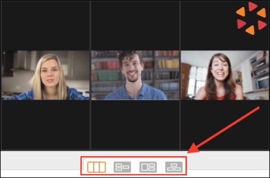 Be.Live display layouts for multiple guests on broadcast -three people side-by-side, red arrow pointing at different layout options