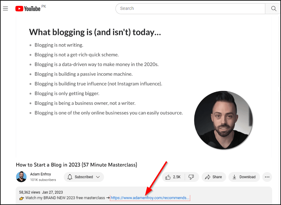 YouTube video - Adam Enfroy - "What blogging is (and isn't) today..."