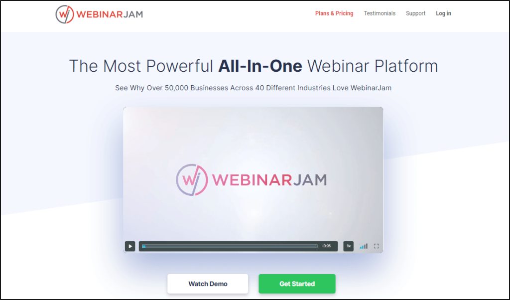 WebinarJam home page: "The most powerful all-in-one webinar platform"
