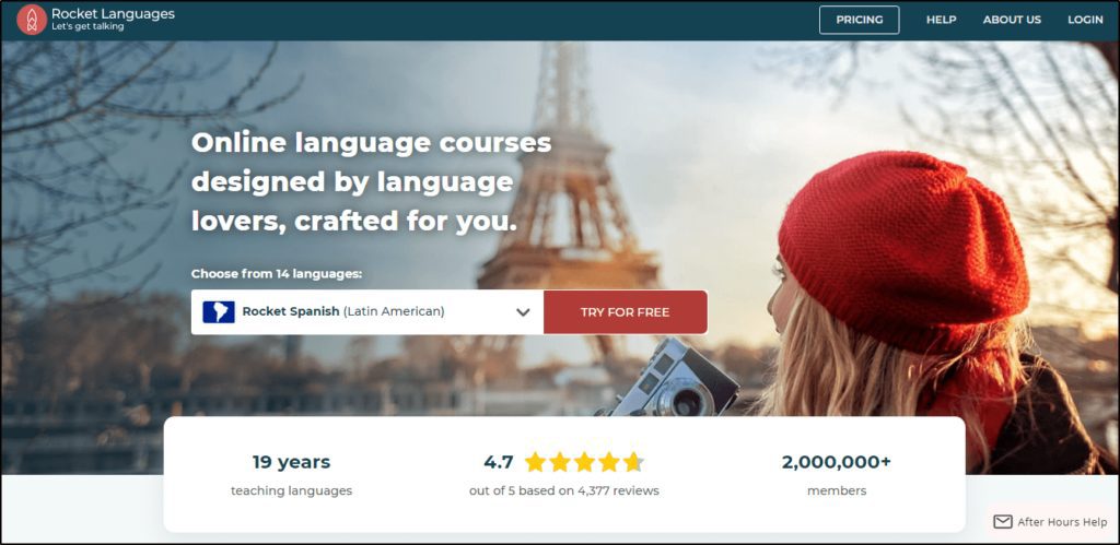 Rocket Languages: "Online language courses designed by language lovers, crafted for you.
Choose from 14 languages:" with picture of girl holding camera in front of Eifel Tower
