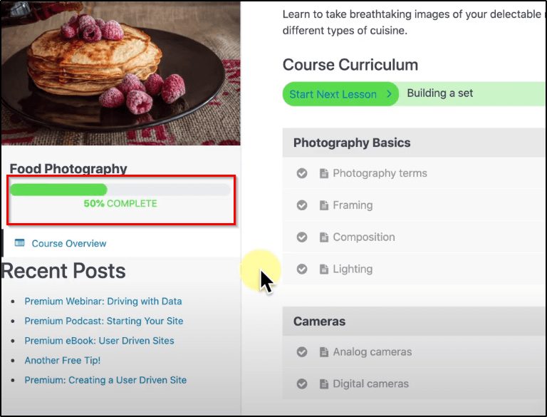 Course page in MemberPress showing picture of pancakes with raspberries, title "Food Photography"  with Course Curriculum menu