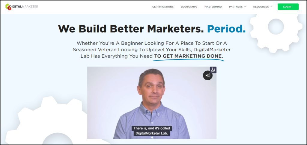 Digital Marketer Lab home page with a man staring toward the user