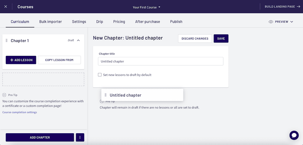 Thinkific Course builder: add a New Chapter 
