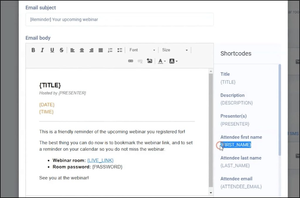 Email template: Email subject, Email body, menu on right with shortcodes