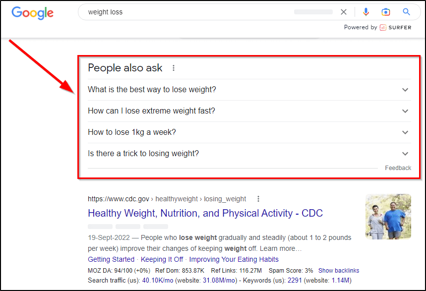 How to Live Stream an Event, Google search "weight loss", red box around People Also Ask search results