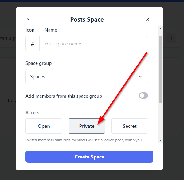 Posts Space with red arrow pointing to "Private" option 