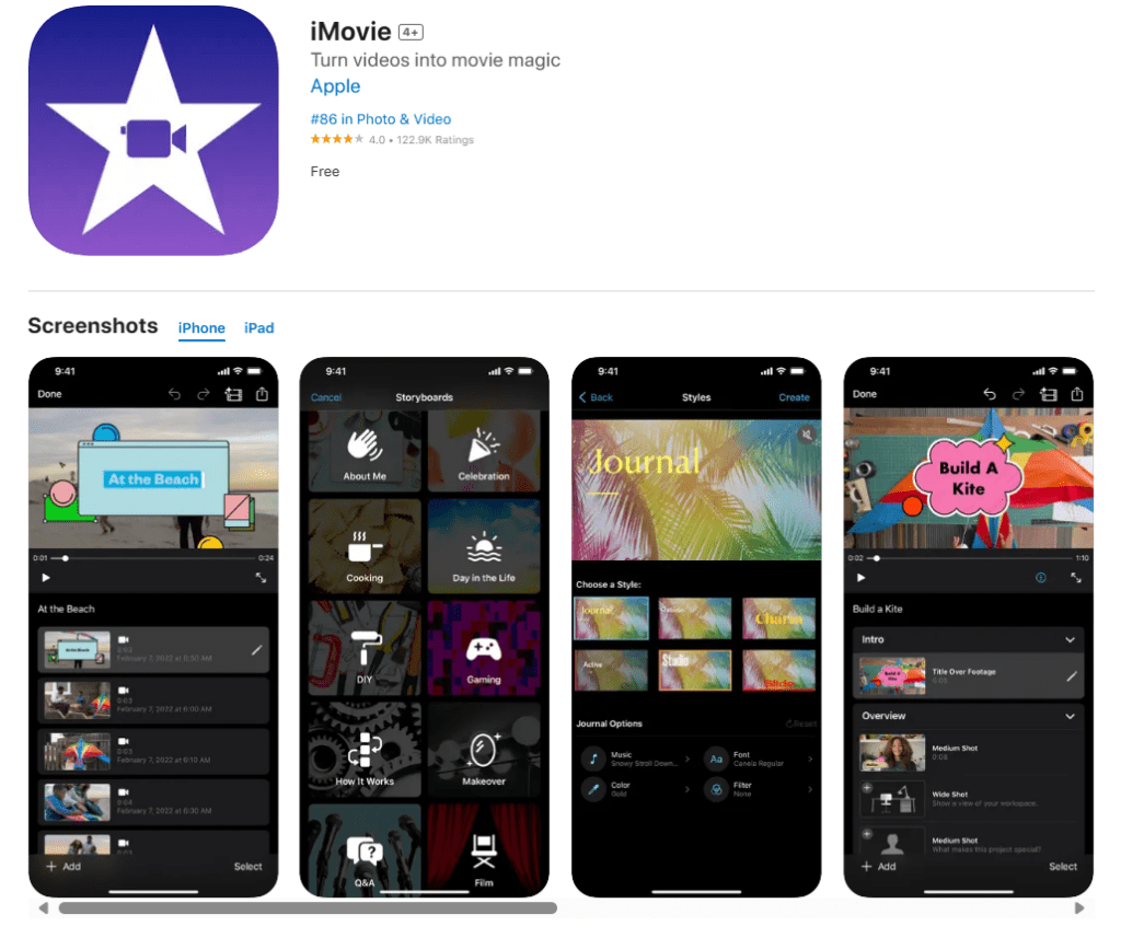 iMovie screenshot in Apple store to download with screenshots