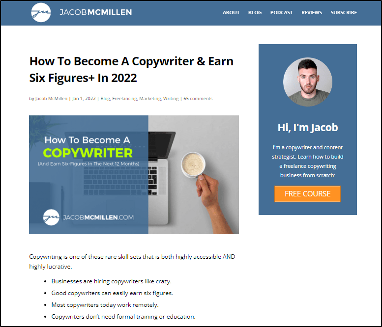 Jacob Mcmillen's "How To Become a Copywriter & Earn Six Figures+ In 2022" course offering