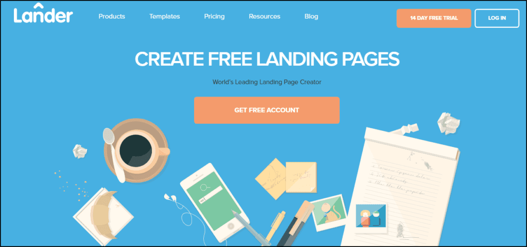 Screen shot of Lander "Get Free Account" page with various essential office graphics