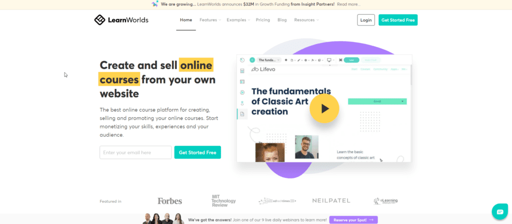 LearnWorlds online course platform homepage screenshot