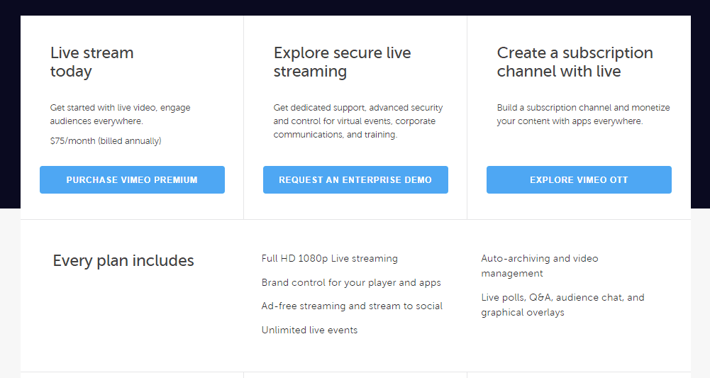 Livestream Pricing and Free Trial page