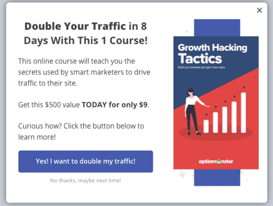 Example of OptinMonster pop-up for a Growth Hacking Tactics marketing tripwire