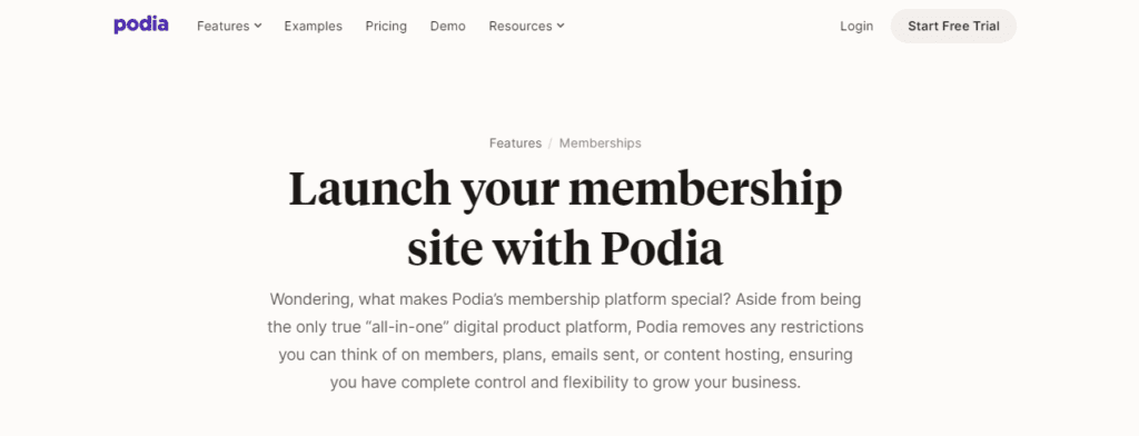 Podia page to start free trial for membership