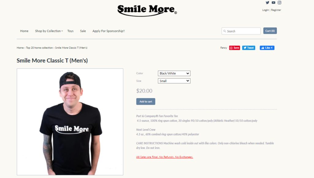 Page to connect merchandise sales to Shopify