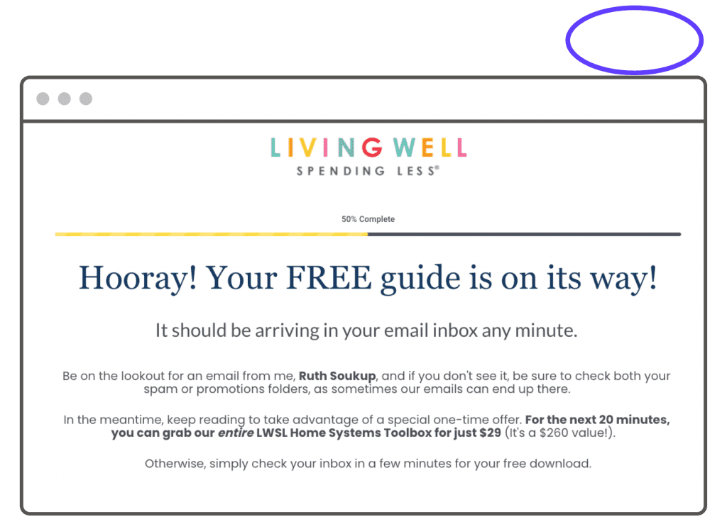 screenshot of an example Thank You page from Living Well Spending Less