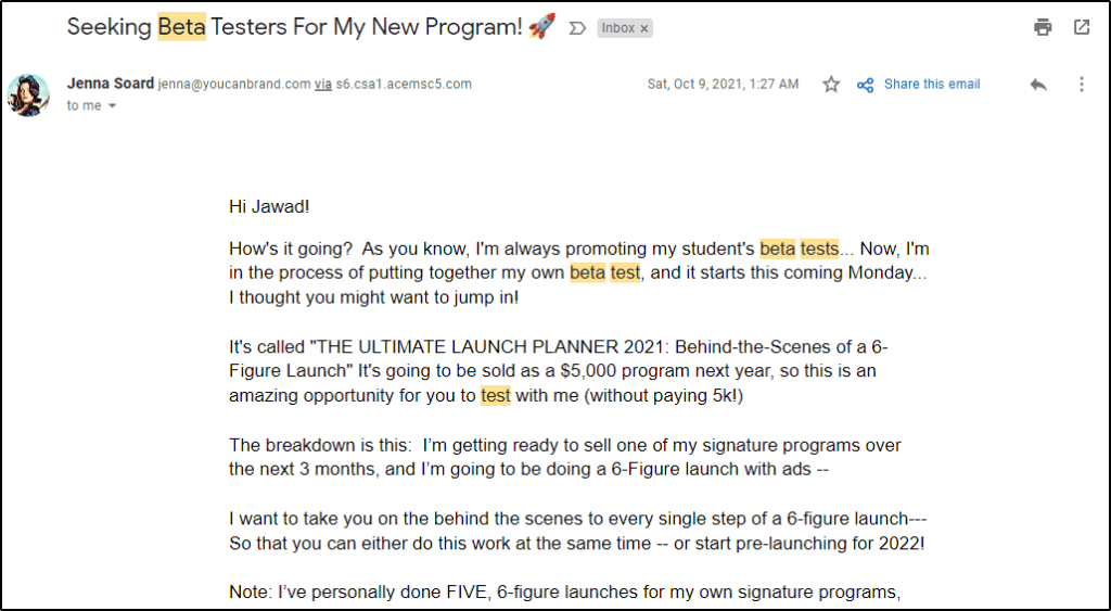 screenshot of email from Jenna Soard "seeking beta testers for my new program"