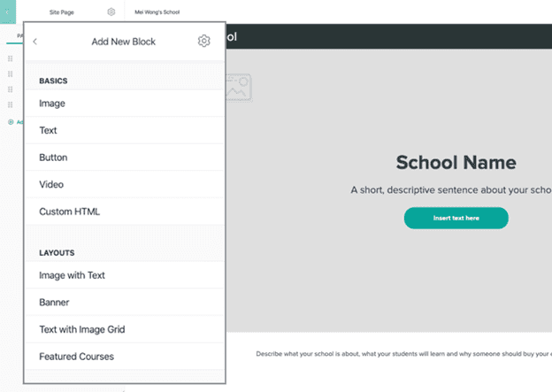 Teachable page to select settings for page block