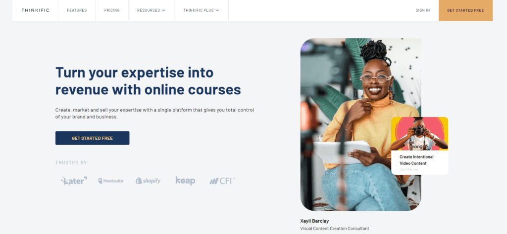 Home page of Thinkific, our top all-around pick for the best online course platforms