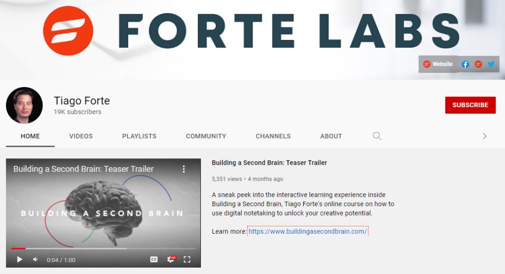 Screenshot of Tiago Forte's YouTube channel