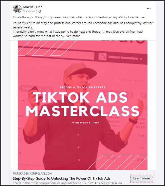screenshot of example retargeting ad from Maxwell Finn promoting "TikTok Ads Master Class"