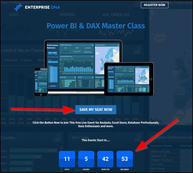 Enterprise DNA "Power BI & DAX Master Class" with arrows pointing at "Save my seat now" and countdown timer.