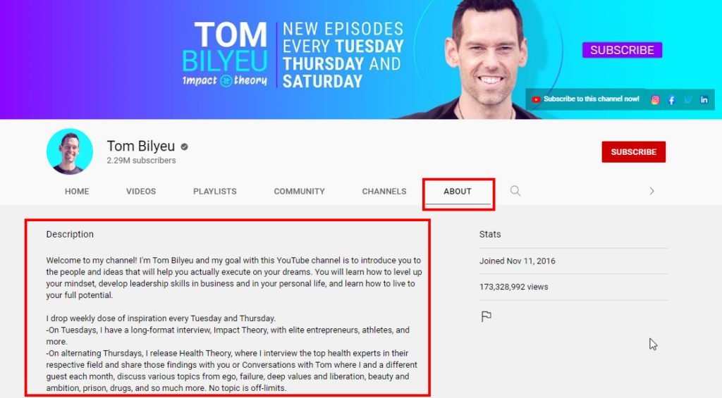 Page showing example of your channel description