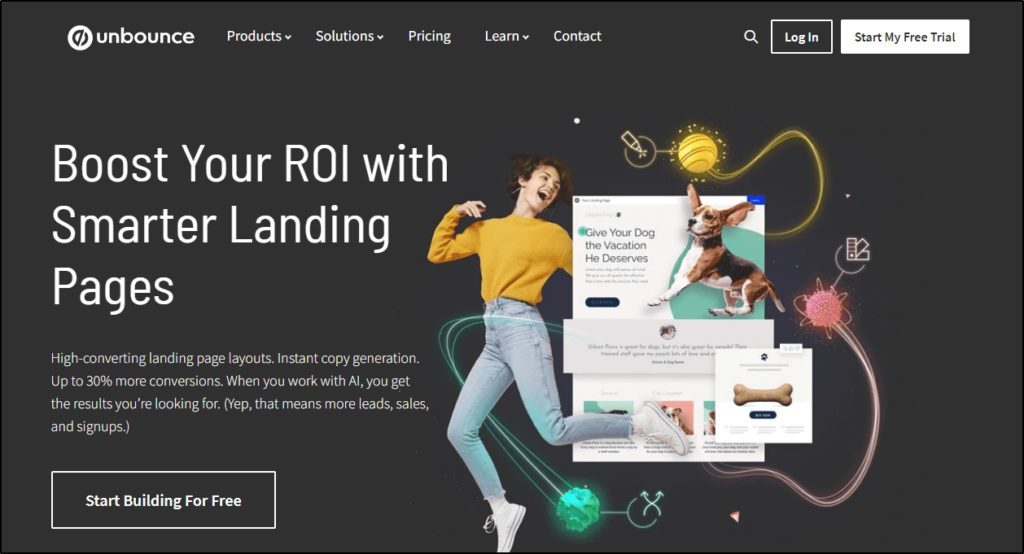 Unbounce home page "Boost Your ROI with Smarter Landing Pages"