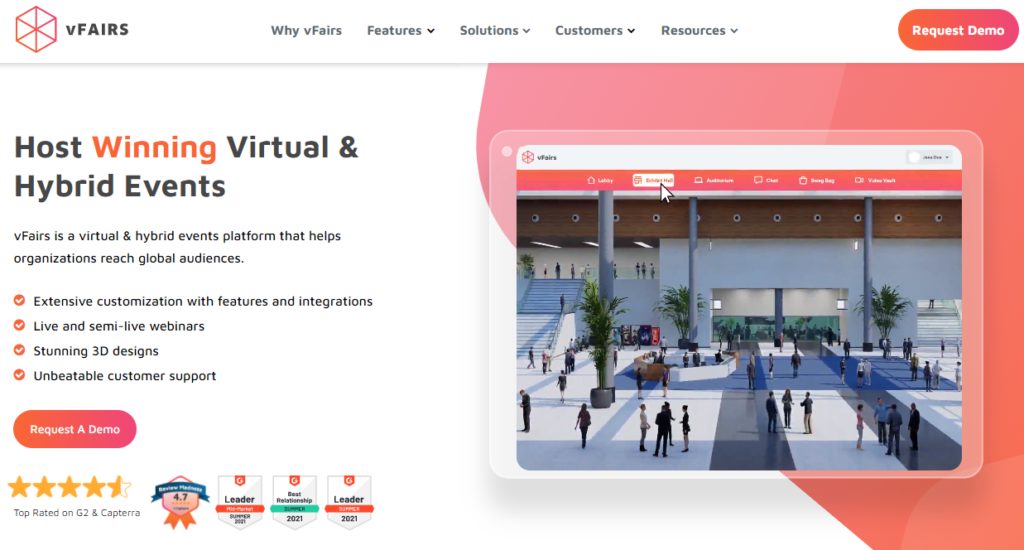 Screen shot of vFairs homepage with tablet screen displaying a scene unfolding inside a building where individuals are socializing and engaging with one another
