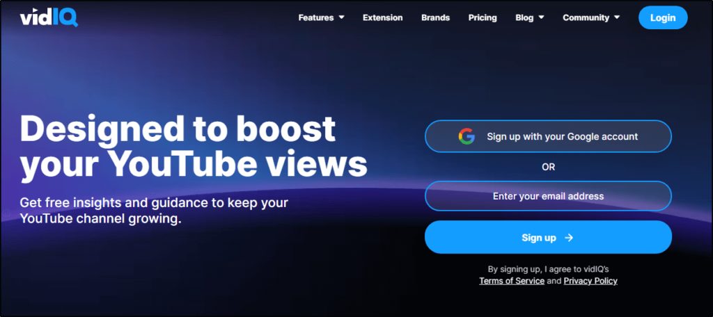 VidIQ home page "Designed to boost your YouTube views"