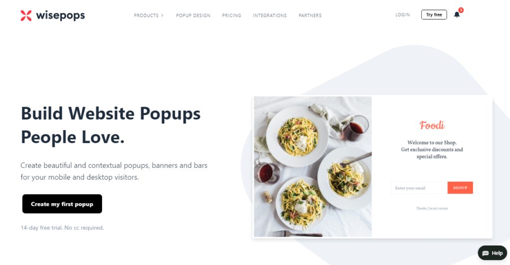 Wisepops homepage with a picture of three plates of food