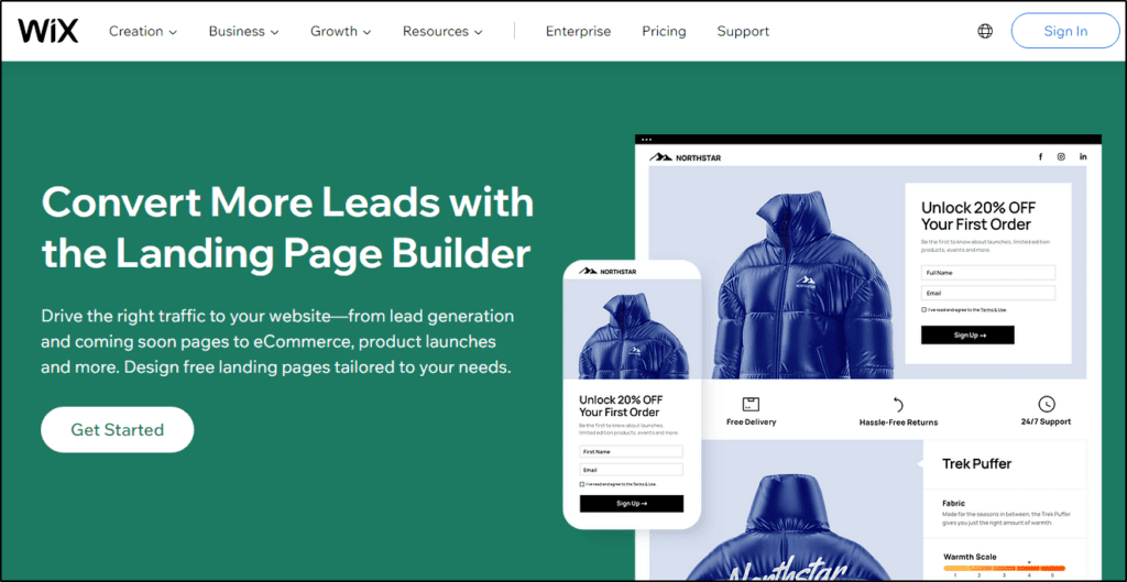 Screen shot of Wix "Convert More Leads with the Landing Page Builder" with a blue jacket displayed different ways on a mobile device and desktop screen page
