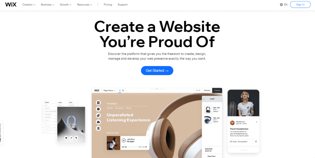Wix page for creating a website