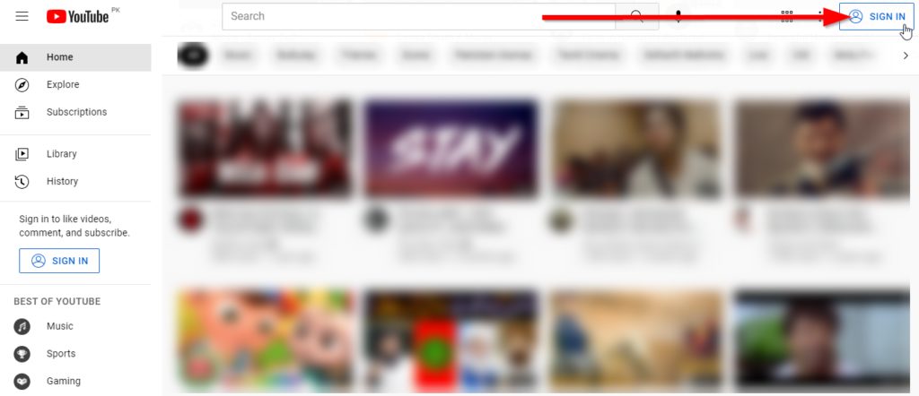 Screenshot of the YouTube homepage with the Sign In button