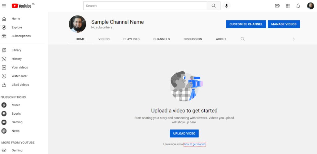 Page that shows the new created YouTube channel
